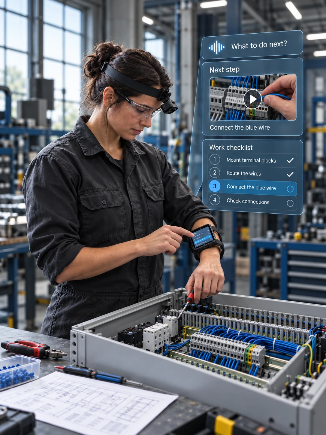 Female technician wiring a control panel with the hero’s head camera and wrist smartphone. Expanded phone views show her question, What to do next?, an instructional video for connecting a blue wire, and a four-step work checklist.