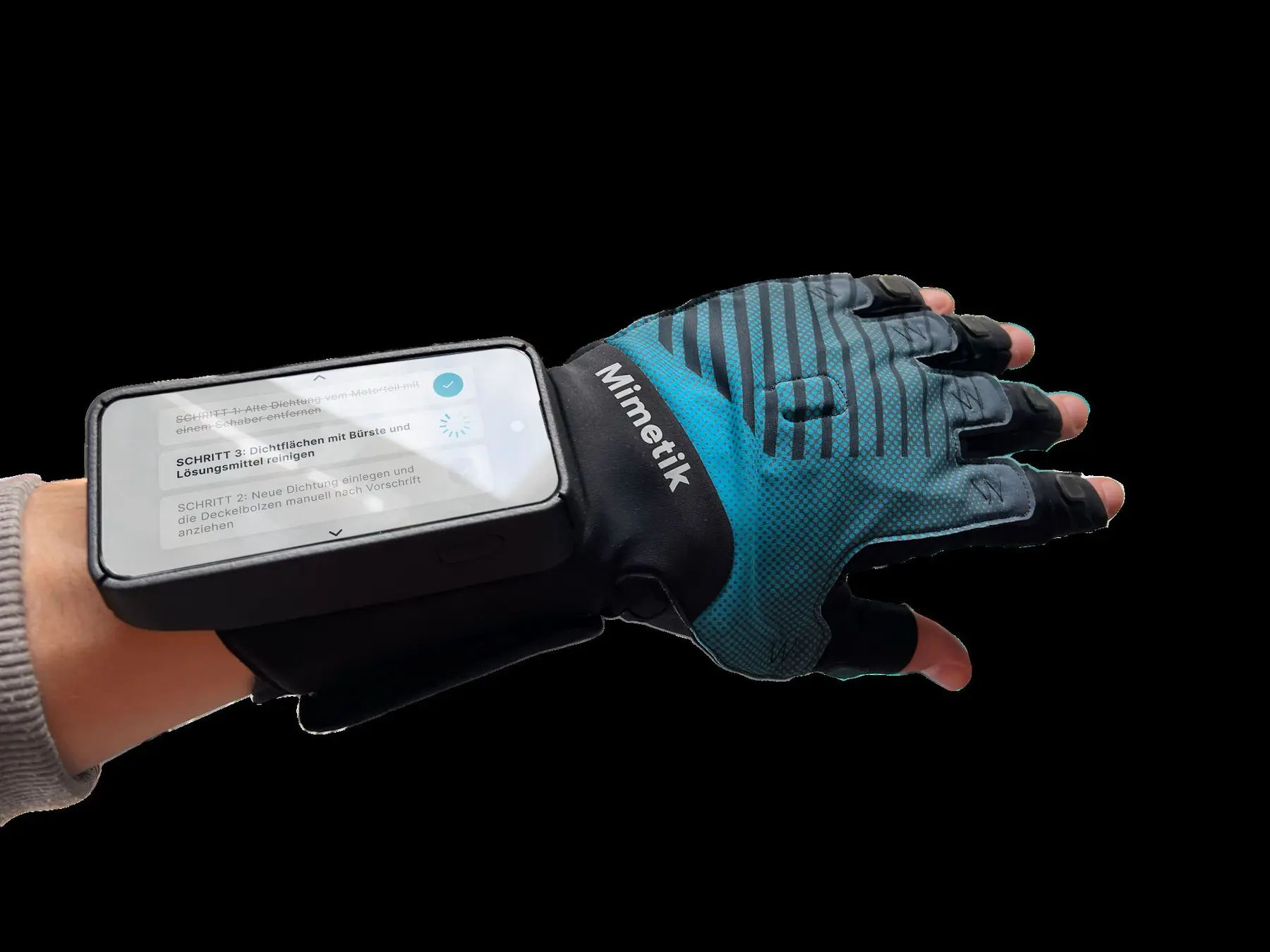 Mimetik glove with a work instruction shown on the wrist display